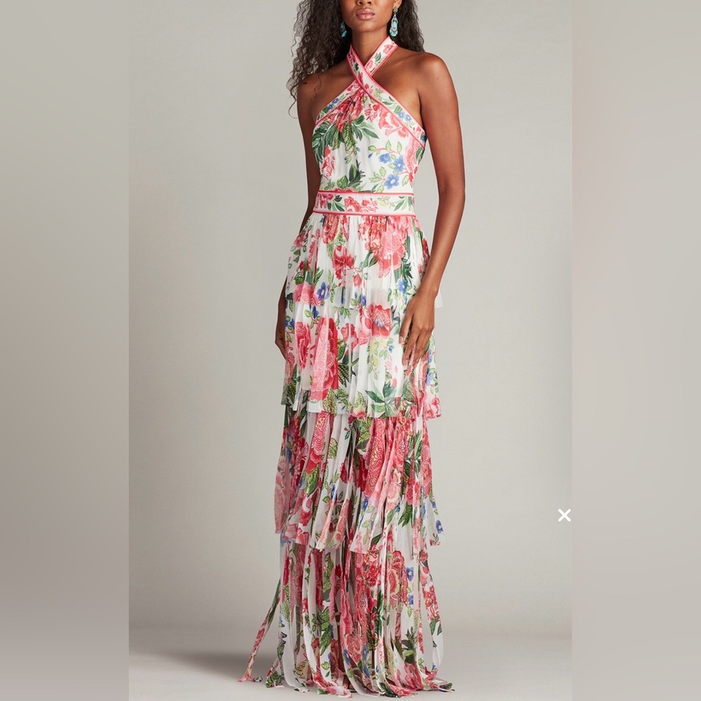 Tadashi Shoji SOMAYA FLORAL PRINT FRINGE GOWN CHZ25458L-WHFFL NWT